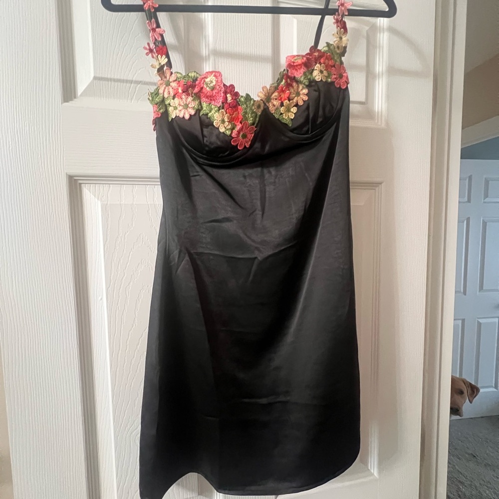 Princess Polly Black Satin Dress with Floral Embroidery